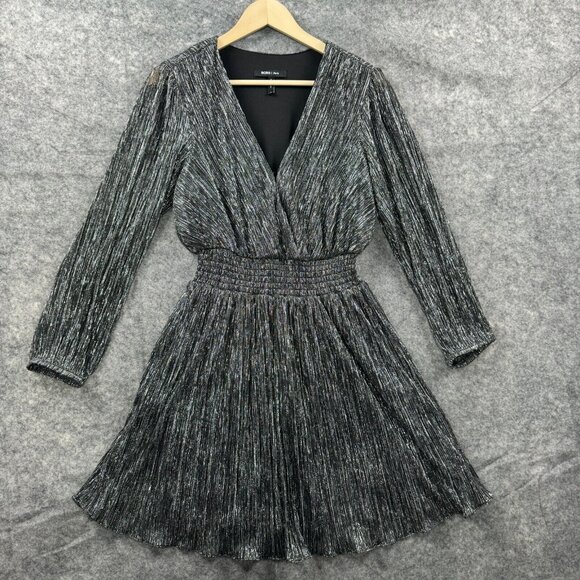 BCBGMaxAzria Dresses & Skirts - BCBG Paris Dress Womens Small Black Silver Metallic Faux Wrap Long Sleeve Sheer